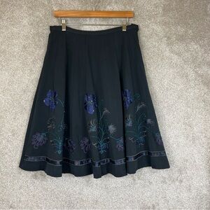 ICE Skirt Womens 8 Black Flare Embroidered Beaded Floral Lined Side Zip- 9805*